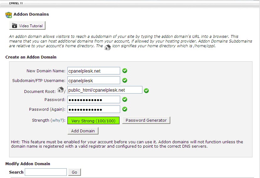 Addon control panel